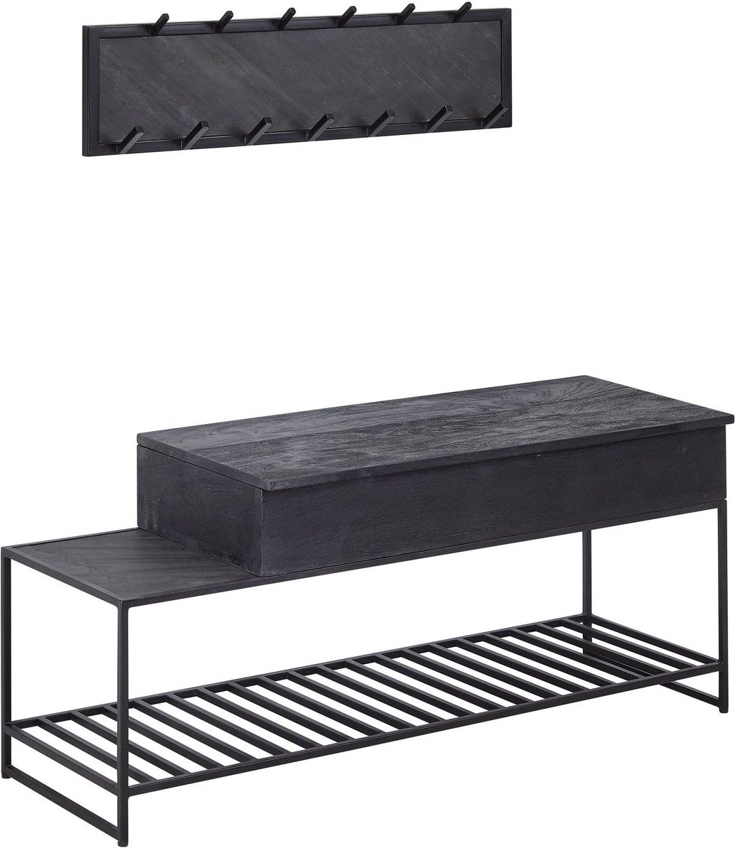 Thumbnail - WOHNLING Garderoben Set Schwarz Holz Massiv Wandgarderobe Sitzbank Flurgarderobe