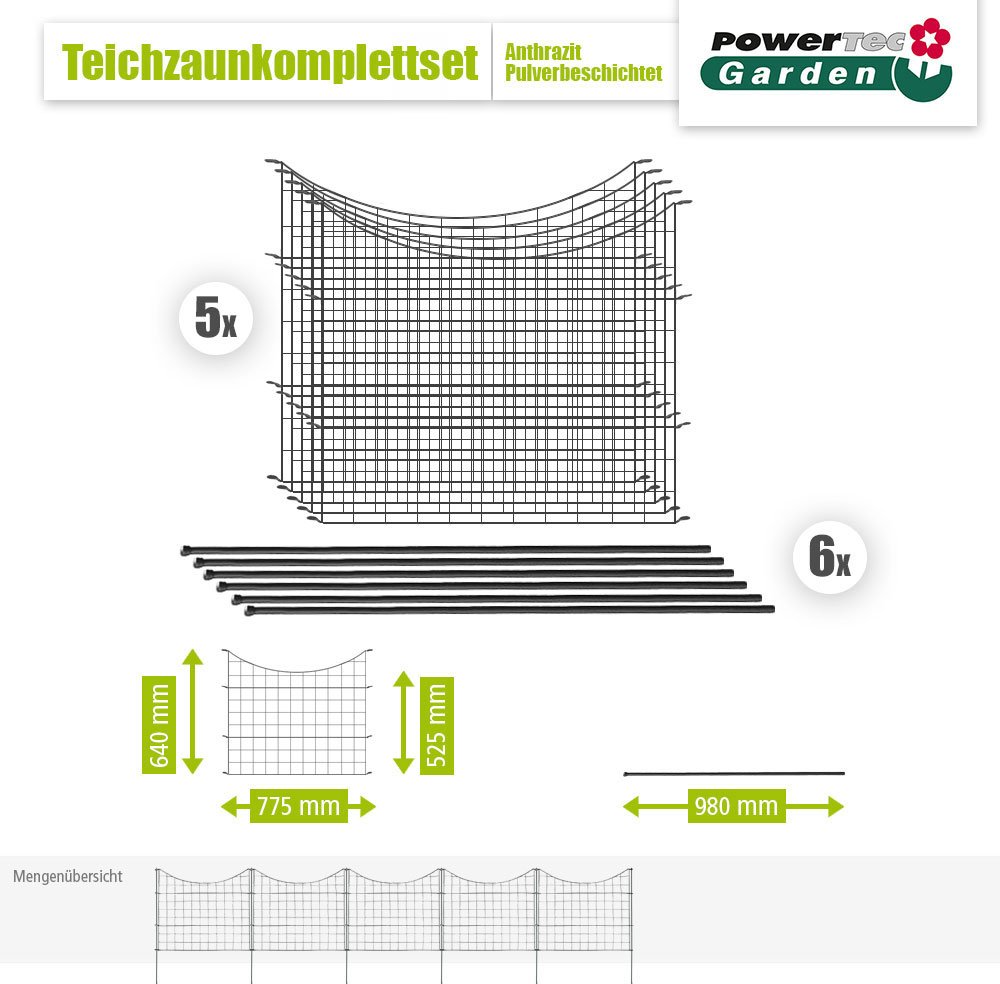 11tlg. Teichzaun Unterbogen, ca. 390 x 52,5 cm - Anthrazit