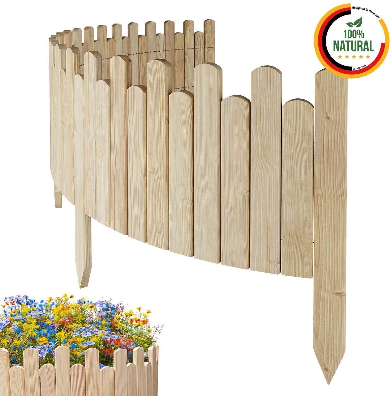 Beeteinfassung Rasenkante 200cm Flexibler Gartenzaun Rollzaun Palisade Höhe 30 cm, Unbehandelt