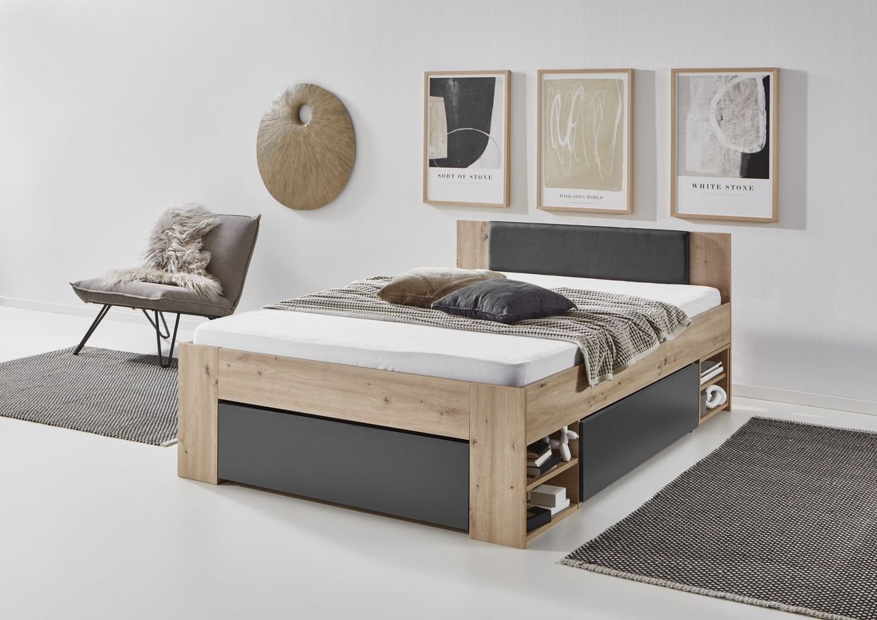 Stauraumbett 140x200cm, 3 Schubl., 2 Nako, Kopfteil m. Kunstleder schwarz, Artisan-Grpahit