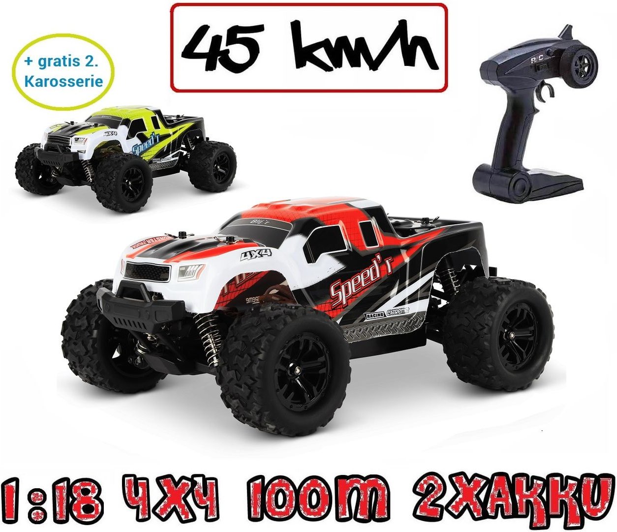 Blij´r Speed´r ferngesteuerter RC Monstertruck Rot 45 km/h, 1:18, 2 Akkus, Allrad, 100m, Ersatzkarosserie