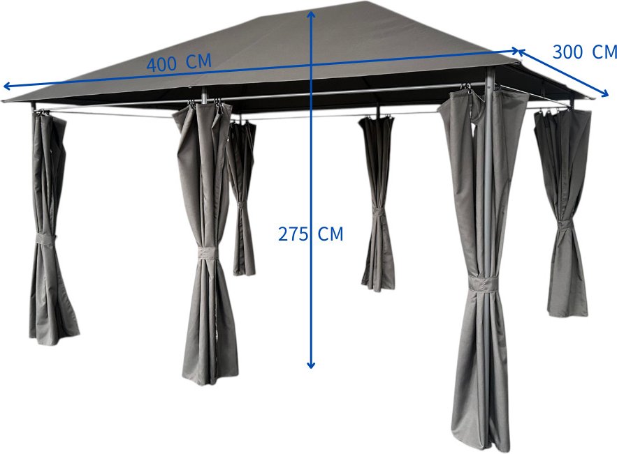 Pavillon mit Netzseiten und stabilem Metallrahmen, ca. 300 x 400 x 275 cm – Grau