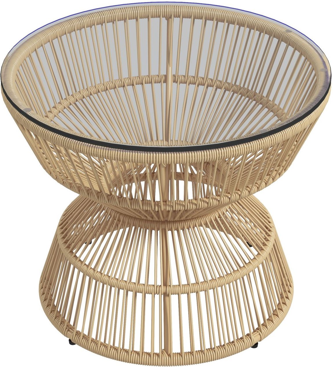 Beistelltisch Rattan, Ø60 cm Couchtisch Gartentisch mit Tischplatte aus Hartglas