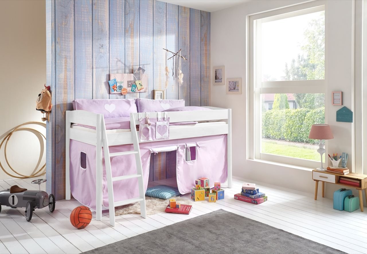Halbhohes Bett MICHELLE 90 x 200 cm Buche massiv weiß lackiert, mit Textilset purple/weiß/herz