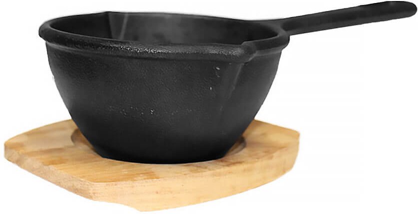 Gusseisen Soßentopf Ø 12 cm mit Holzuntersetzer