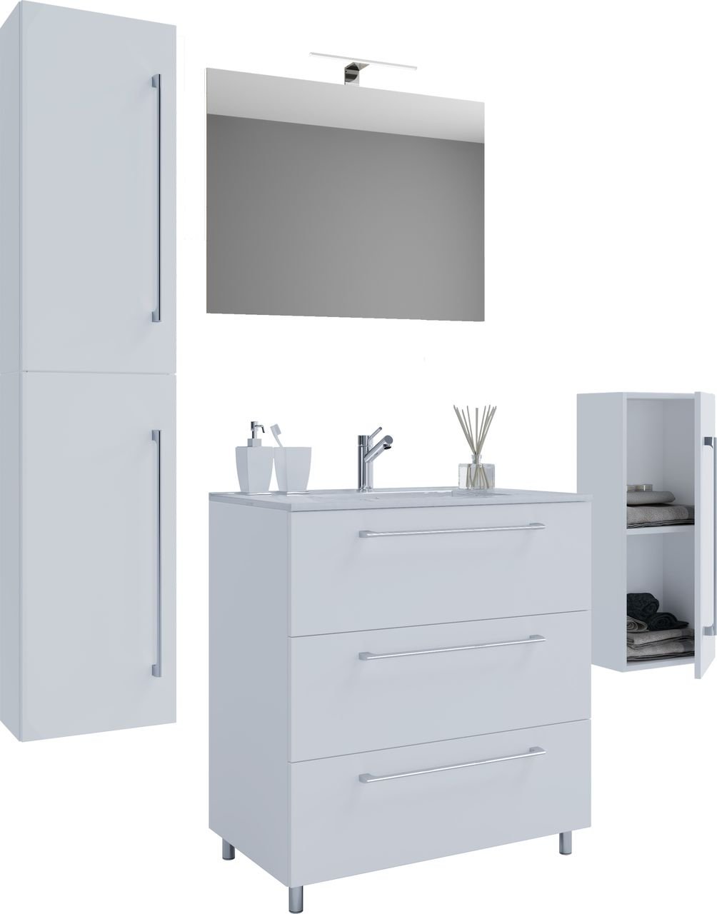 5-tlg. Stand-Waschplatz "Badinos 3 Schubfächer" 60 cm | Mit Spiegel + Midi-/Hochschrank Weiß