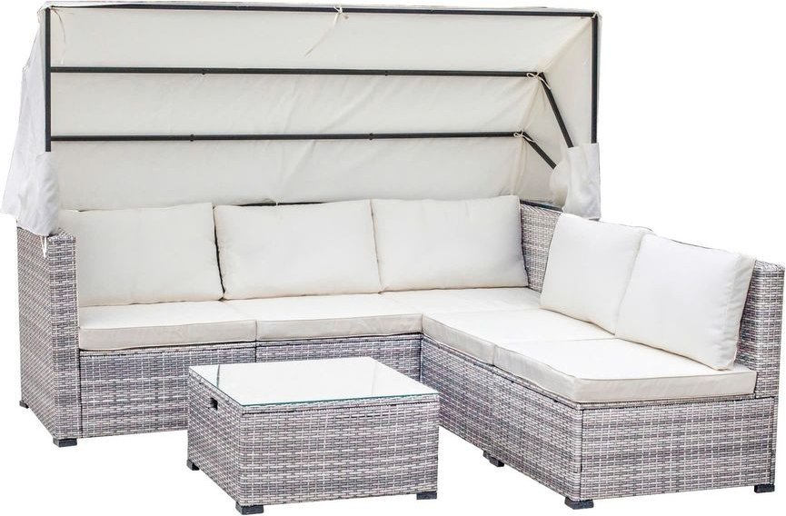 Rattan Lounge Set Nola, mit Sonnendach inkl. Kissen und Beistelltisch, ca. 209 x72 x72cm- Hellgrau