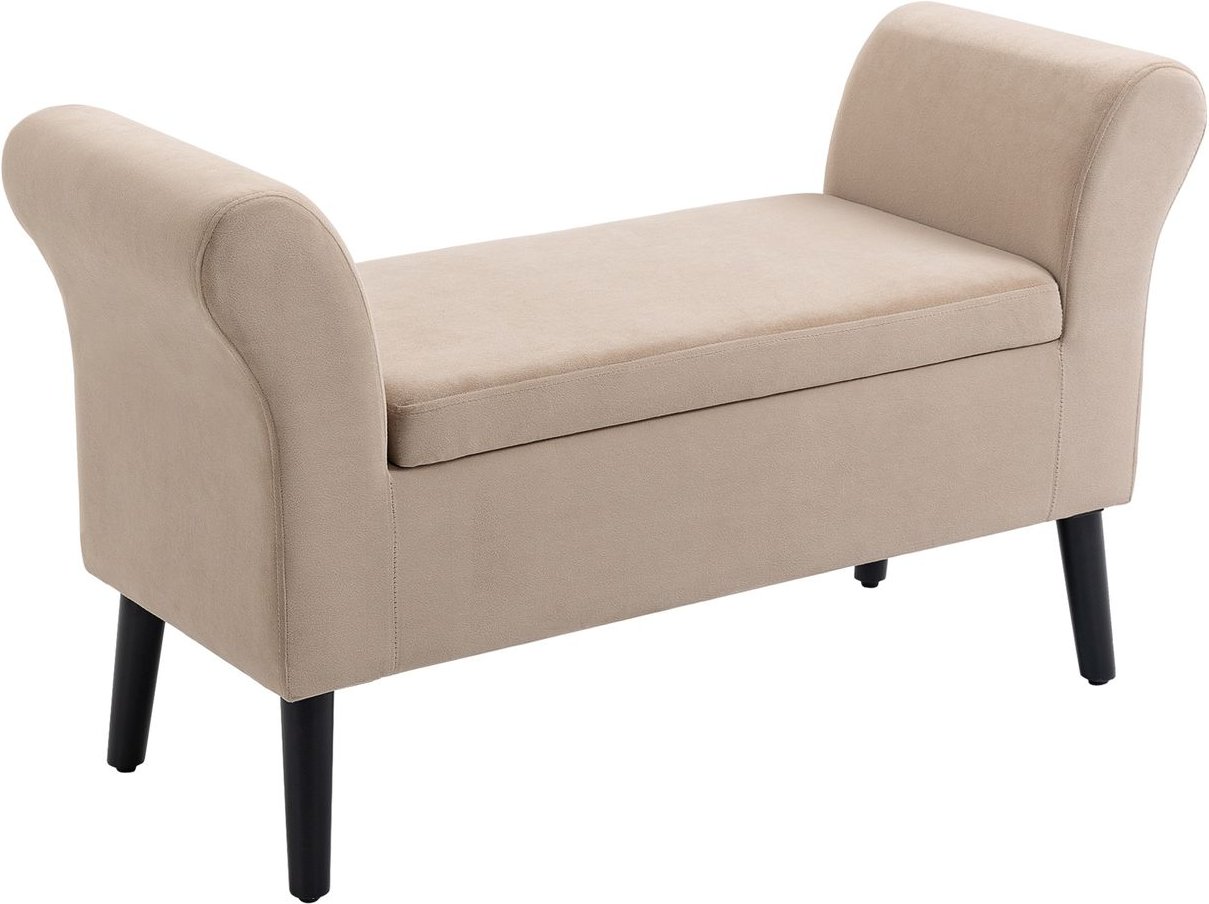 Sitzbank mit Stauraum Armlehnen modern samtartiges Polyester Gummiholz Beige 111,5 x 41 x 65 cm