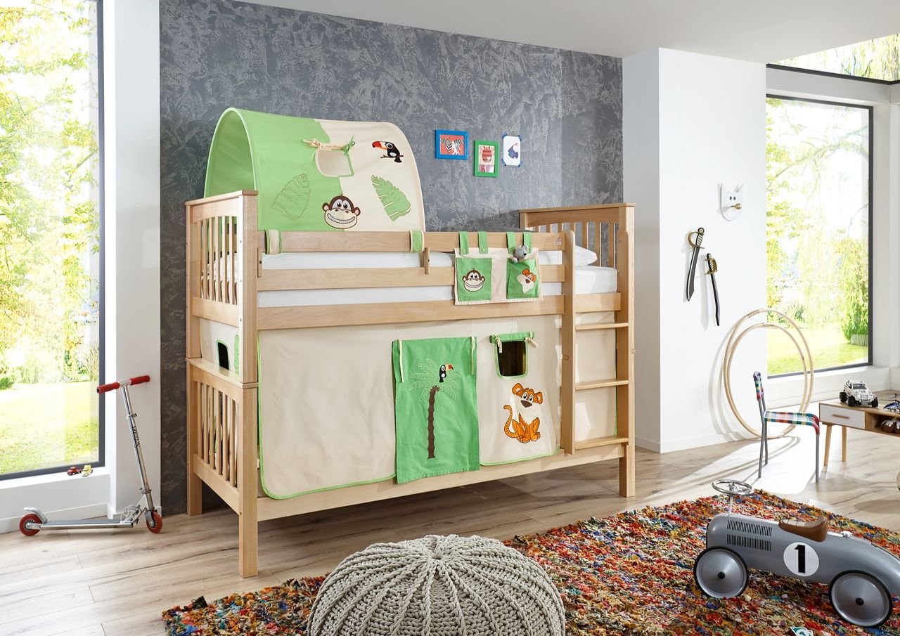 Etagenbett Kick Buche massiv natur lackiert mit Texset aus Vorhang, Tunnel und Tasche - Dschungel