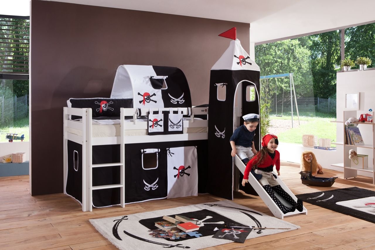 Halbhohes Spielbett ALEX mit Rutsche/Turm/Tunnel Buche massiv weiß lackiert mit Stoffset Pirat