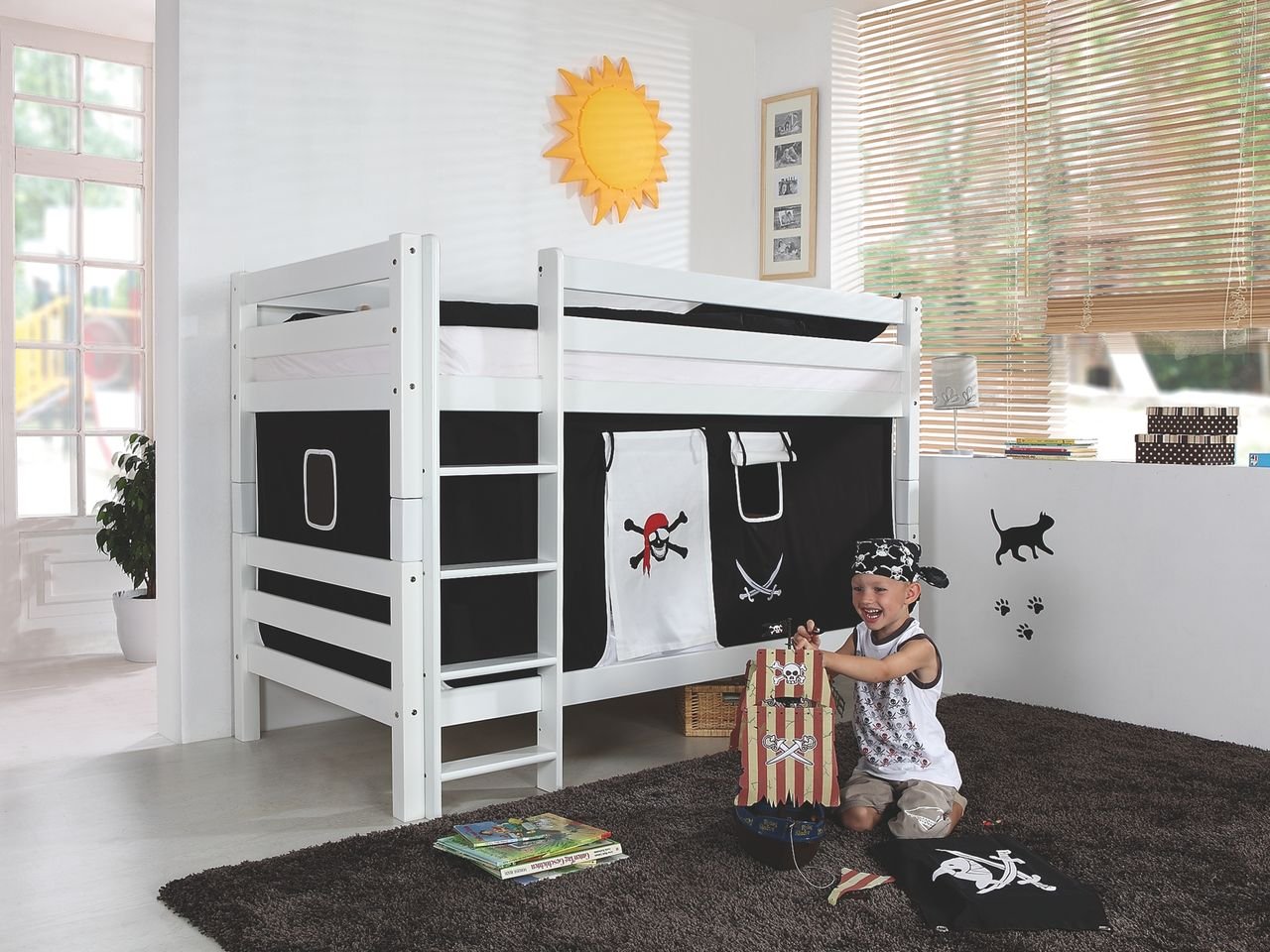 Etagenbett BENI Buche massiv weiß lackiert mit Textilset Pirat