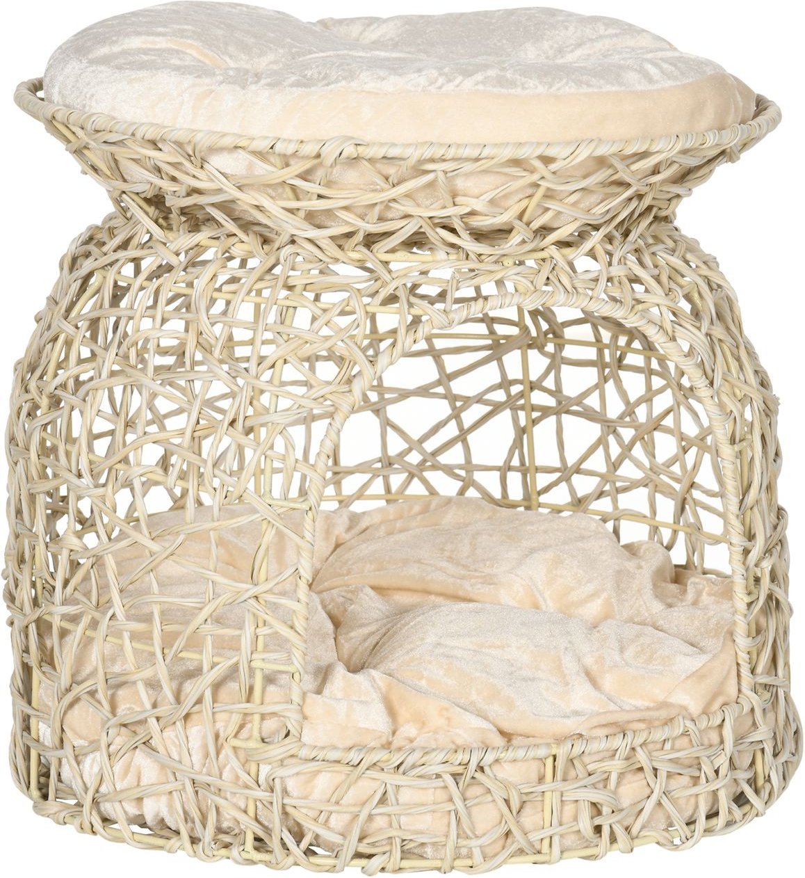 Katzenhöhle aus Rattan, 2 Etagen, Katzenhütte mit Kissen, Katzenhaus