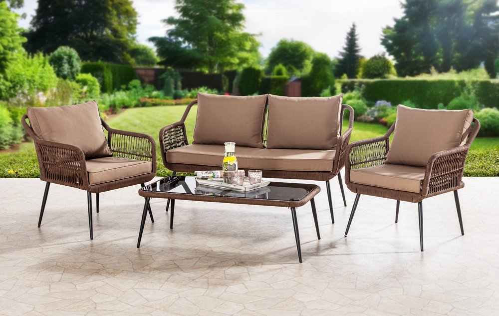 Garten-Loungemöbel-Set 11 tlg. CORDA aus Rope mit Polsterauflagen & Sicherheitsglasplatte