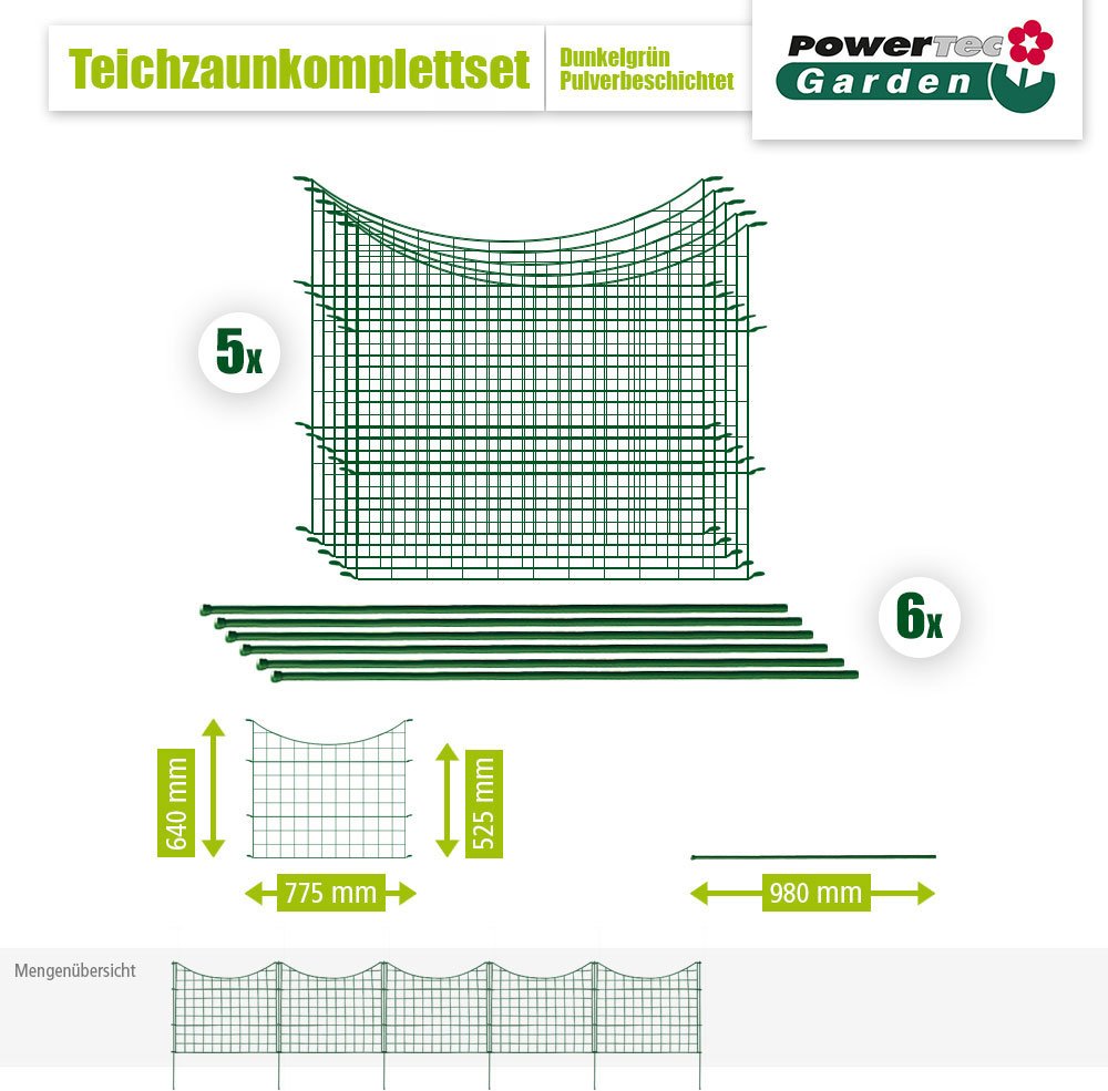 11tlg. Teichzaun Unterbogen, ca. 390 x 52,5 cm - Dunkelgrün