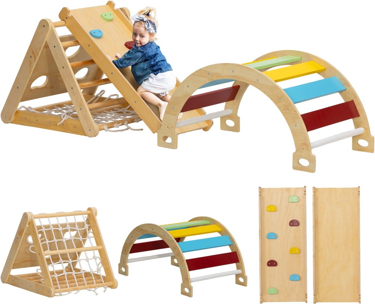 Thumbnail - Klettergerüst Indoor, 7 in 1 Kletterdreieck mit Rutsche Kletterbogen Rampe Holz