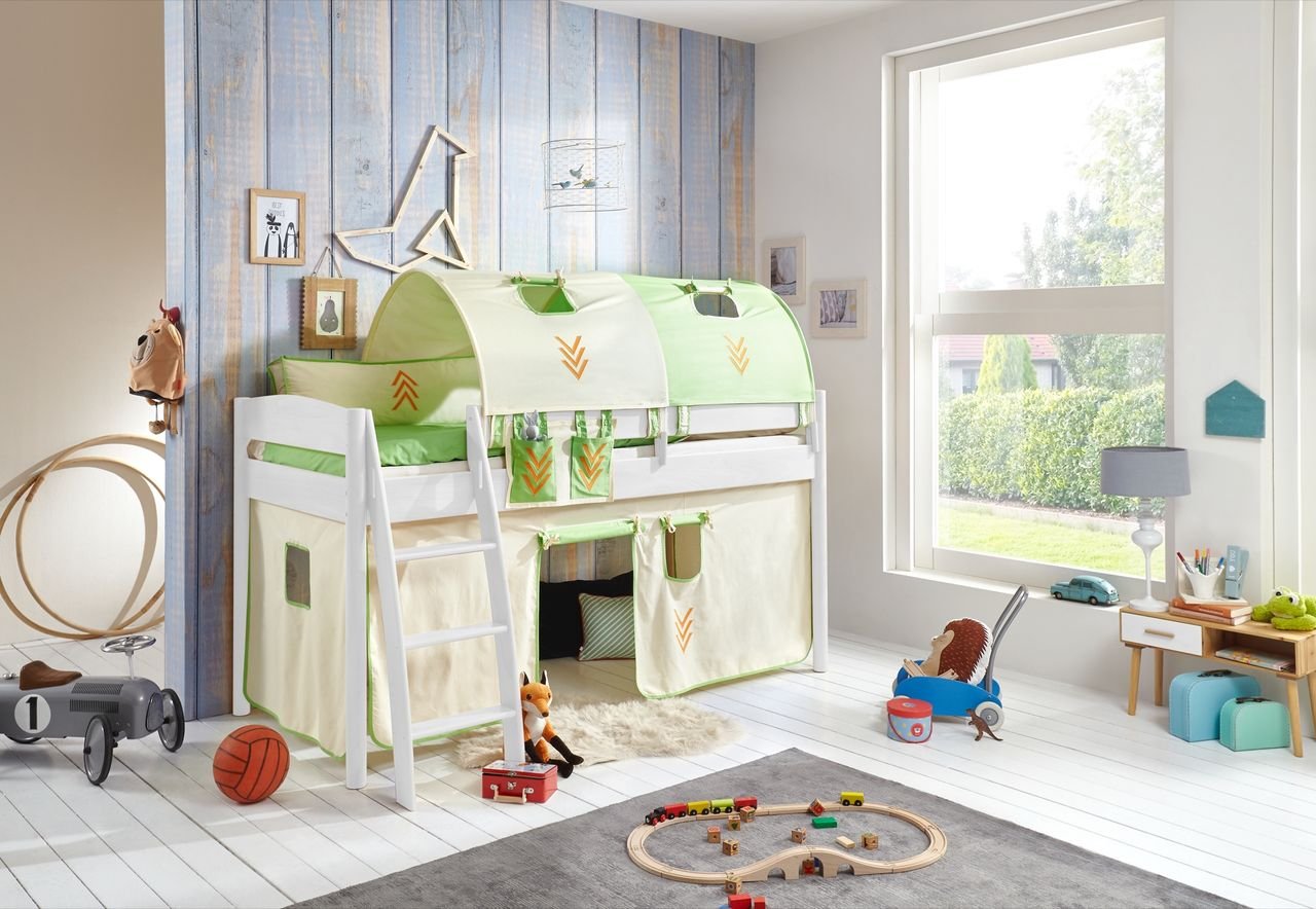 Halbhohes Bett MICHELLE 90x200 cm, Buche massiv weiß, inkl. Textilset (Vorhang, 2 Tunnel) beige/grün