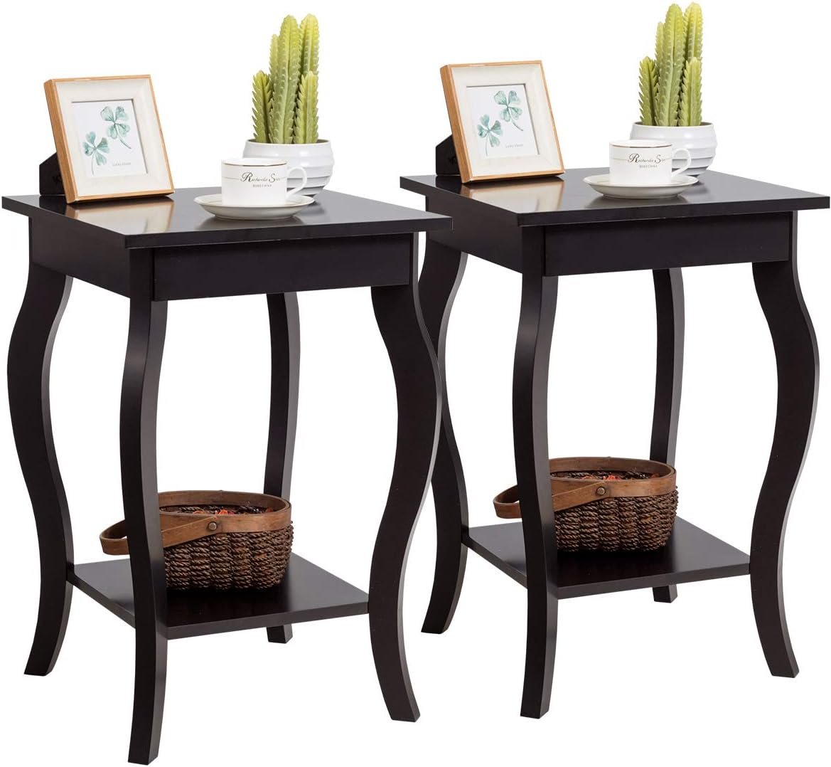 Nachttisch mit Ablage, 2 Ebene Beistelltisch aus Holz mit geschwungenen Beinen