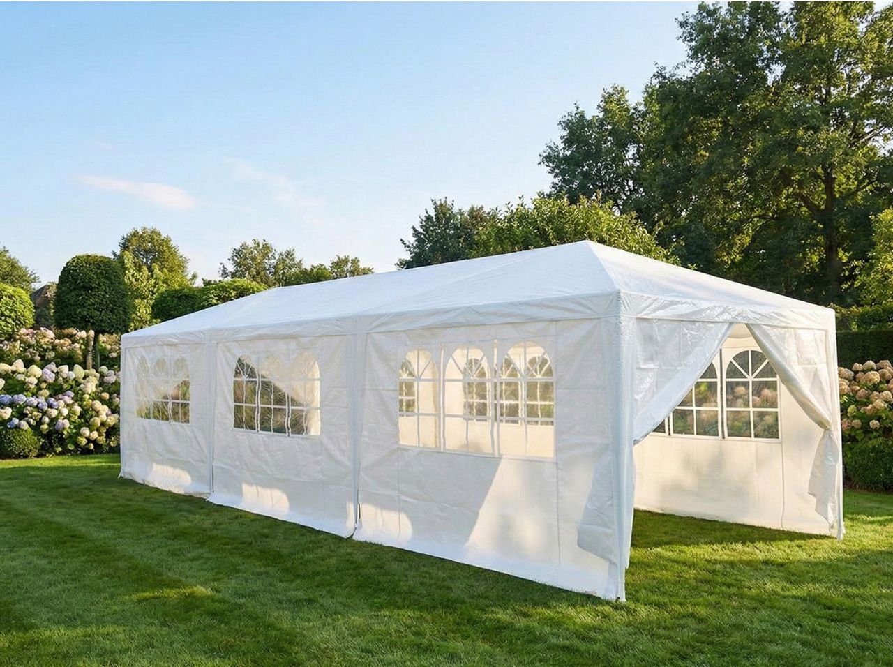 Partyzelt Pavillon Faltbar Pop-Up mit 8 Seitenwänden, ca. 900 x 300 x 250 cm – Weiß
