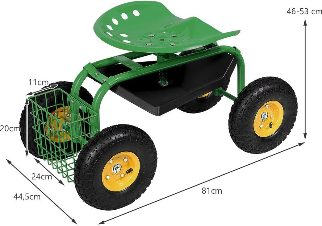 COSTWAY Gartensitz mit Rollen, Ablage, Korb und breiter Gummireifen