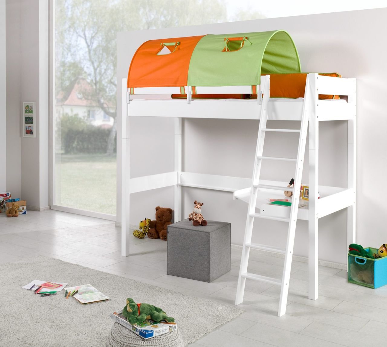 Hochbett RENATE Buche massiv weiß lackiert, mit Schreibtisch und Tunnel