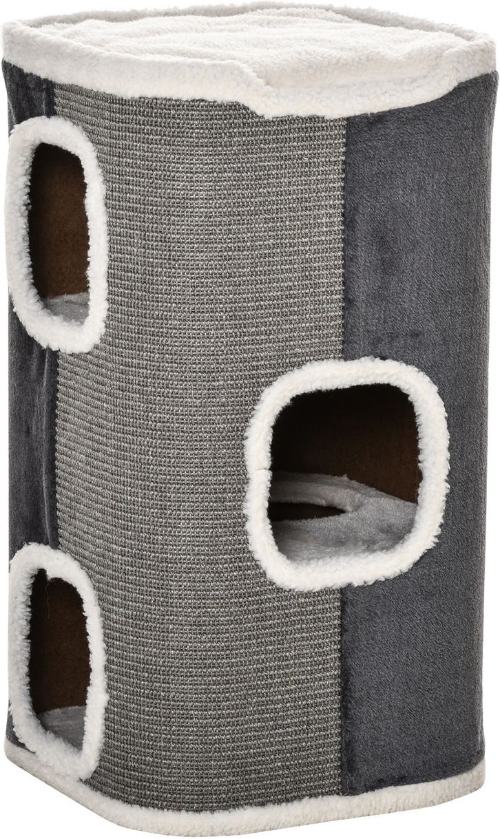 Kratztonne für Katzen Katzenkratzbaum 3 Ebenen Haustiere Möbel Grau+Weiß