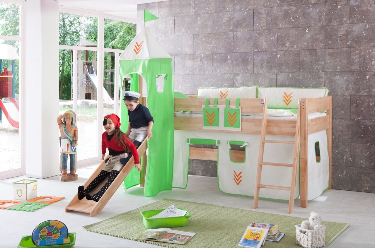 Spielbett KIM 90x200 cm, mit Rutsche,Turm Buche massiv natur lackiert Stoffset Beige/Grün