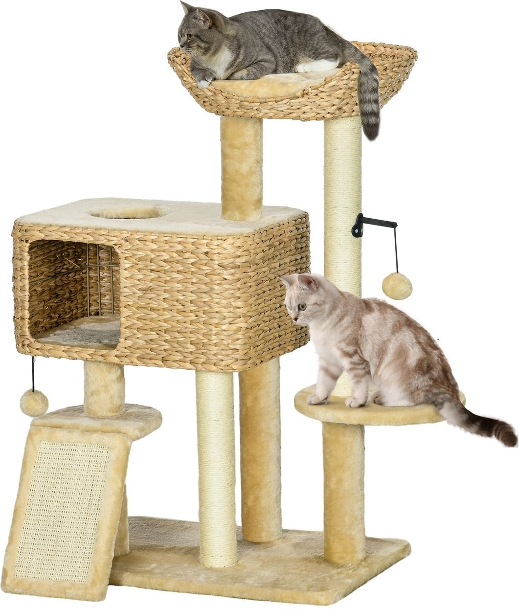 Kratzbaum 98 cm Katzenkratzbaum mit 2 Leigefläche, Spielball, Sisal Beige