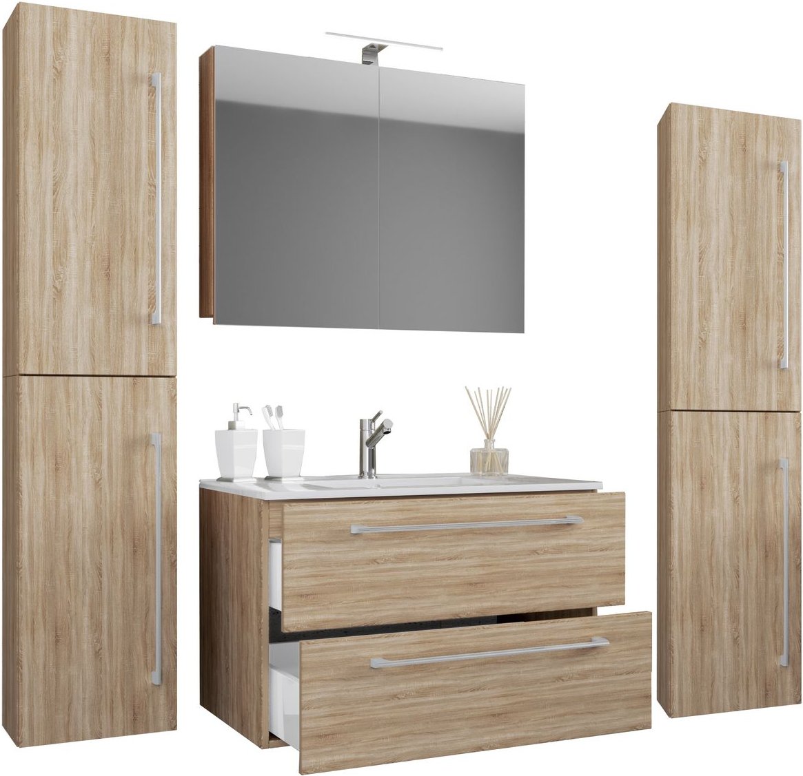 5-tlg. Waschplatz "Badinos 2 Schubfächer" 80 cm | Mit Spiegelschrank + Hochschränke Sonoma-Eiche