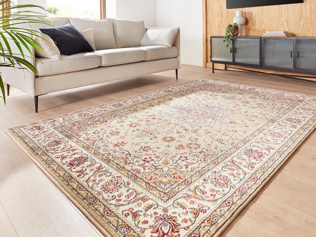 Klassischer Kurzflor Teppich Amina Medaillon 27008 Farbe Hellbeige 240 x 320 cm