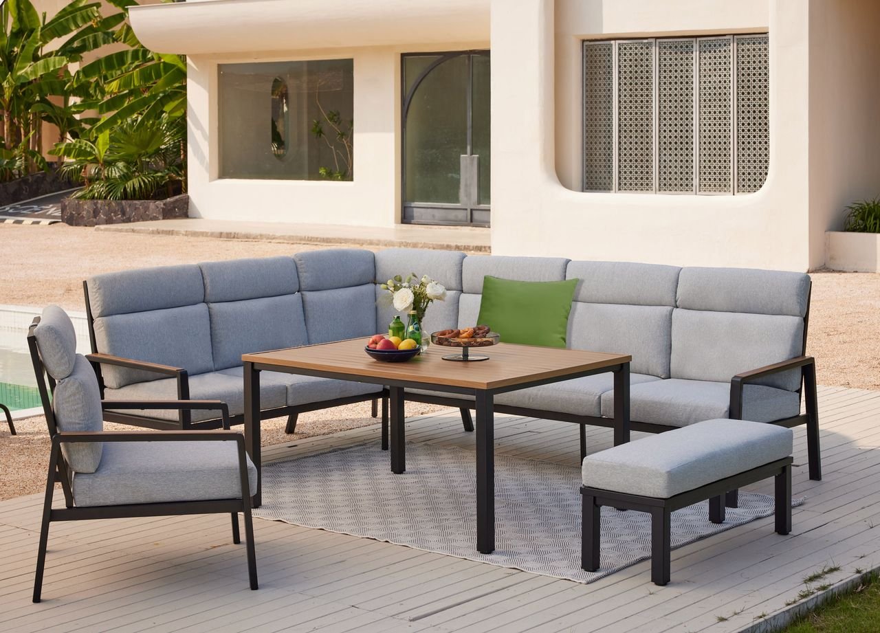 19tlg. Eck-Lounge Set mit hoher Rückenlehne, Sitzkissen - Grau & Holzoptik