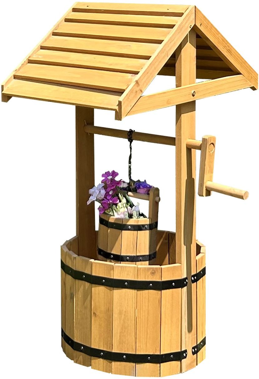 Pflanzgefäß aus Holz mit Wunschbrunnen-Topf-Ornament, ca. 49 x 37,5 x 84 cm