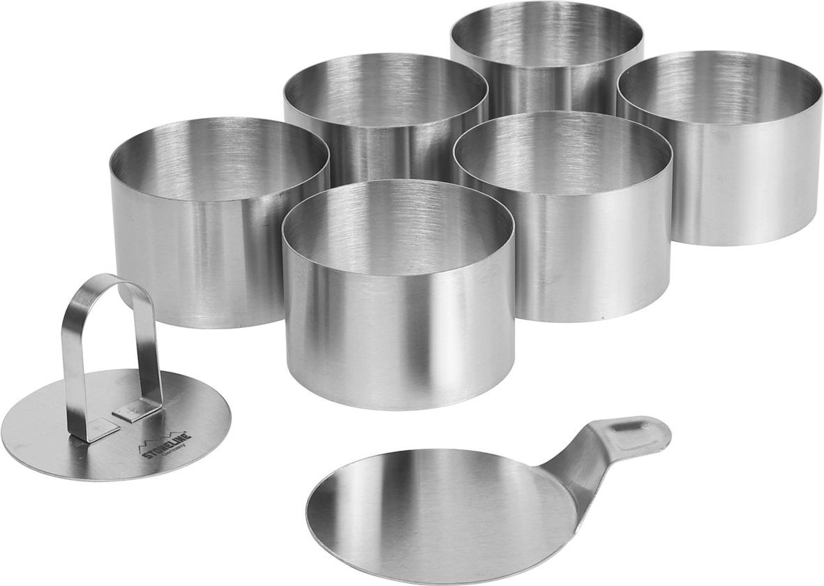 Dessert- und Speiseringe Set, 8-teilig, Edelstahl, 6 Ringe, 1 Heber, 1 Stempel, Lebensmittel Presse
