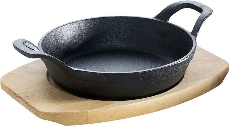 Guss-Servierpfanne und Holzuntersetzer 12cm rund schwarz