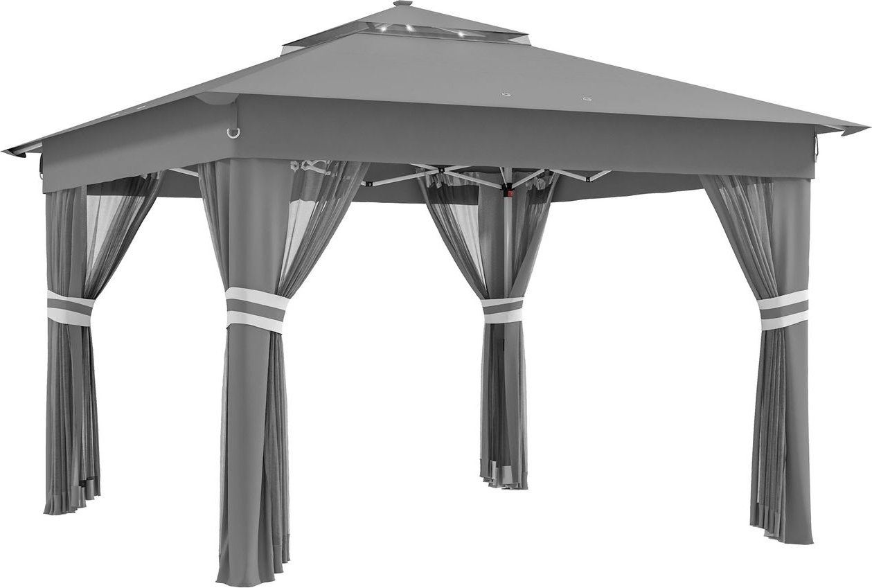 Faltpavillon ca. 3 x 3 m, Pavillon mit LED, 4 Netzvorhängen, Seitenwand