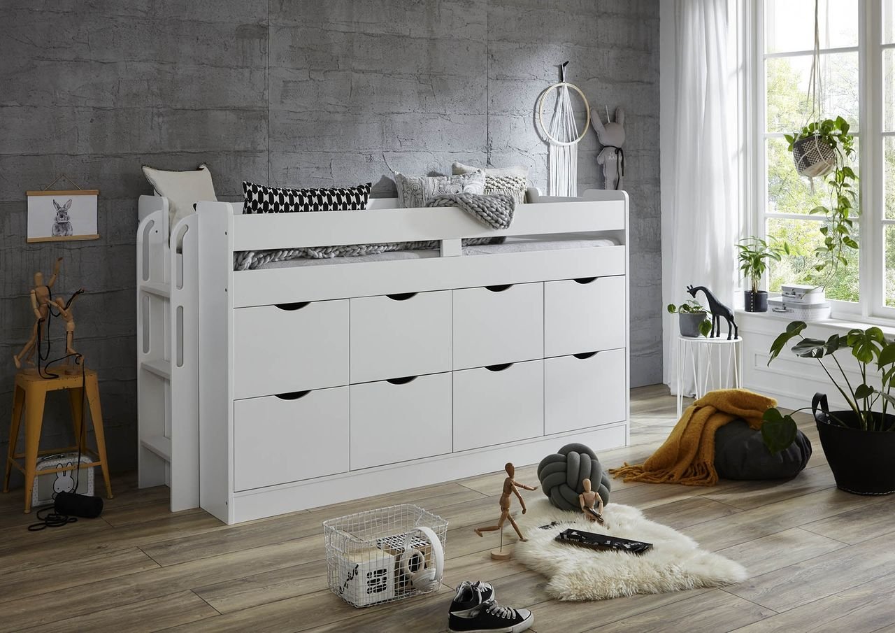 Funktions-/Hochbett FLORI, LF 90 x 200 cm inkl. Lattenrost und 8 großen Schubladen