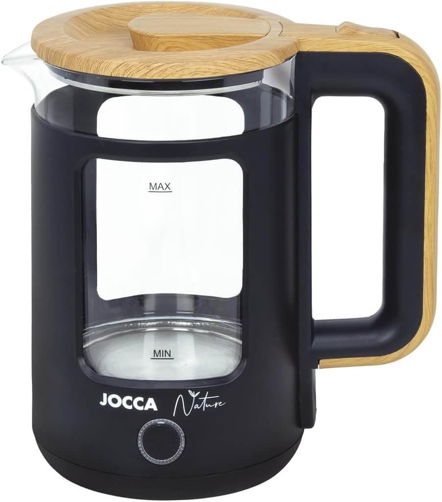 JOCCA Elektrischer Wasserkocher schwarz, 1,8L, Borosilikatglas, 360° Basis, Schnellkoch