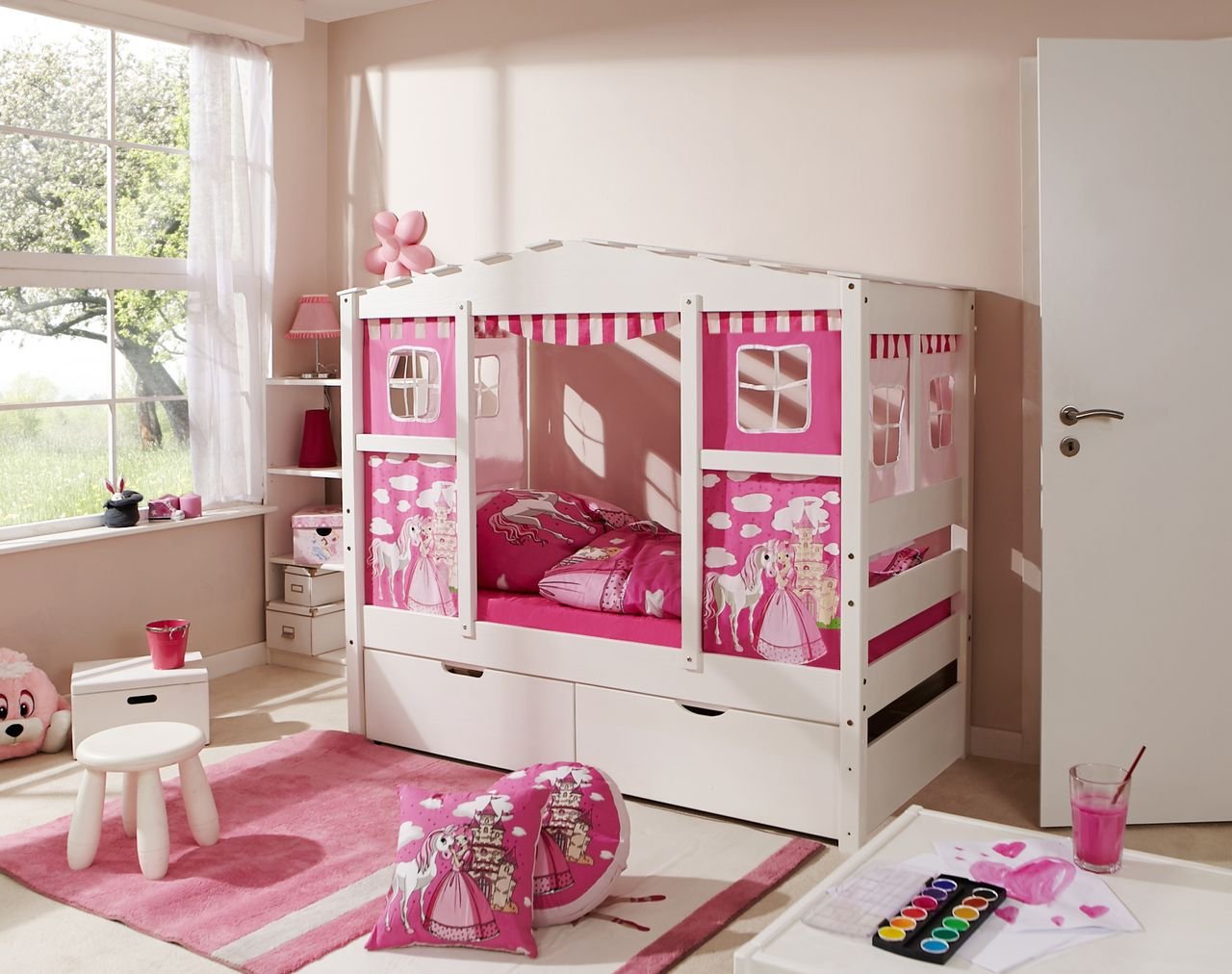 Thumbnail - Hausbett MINI Prinzessin Rosa Var 4 - mit 2er Schubkästen - inkl. Matratze