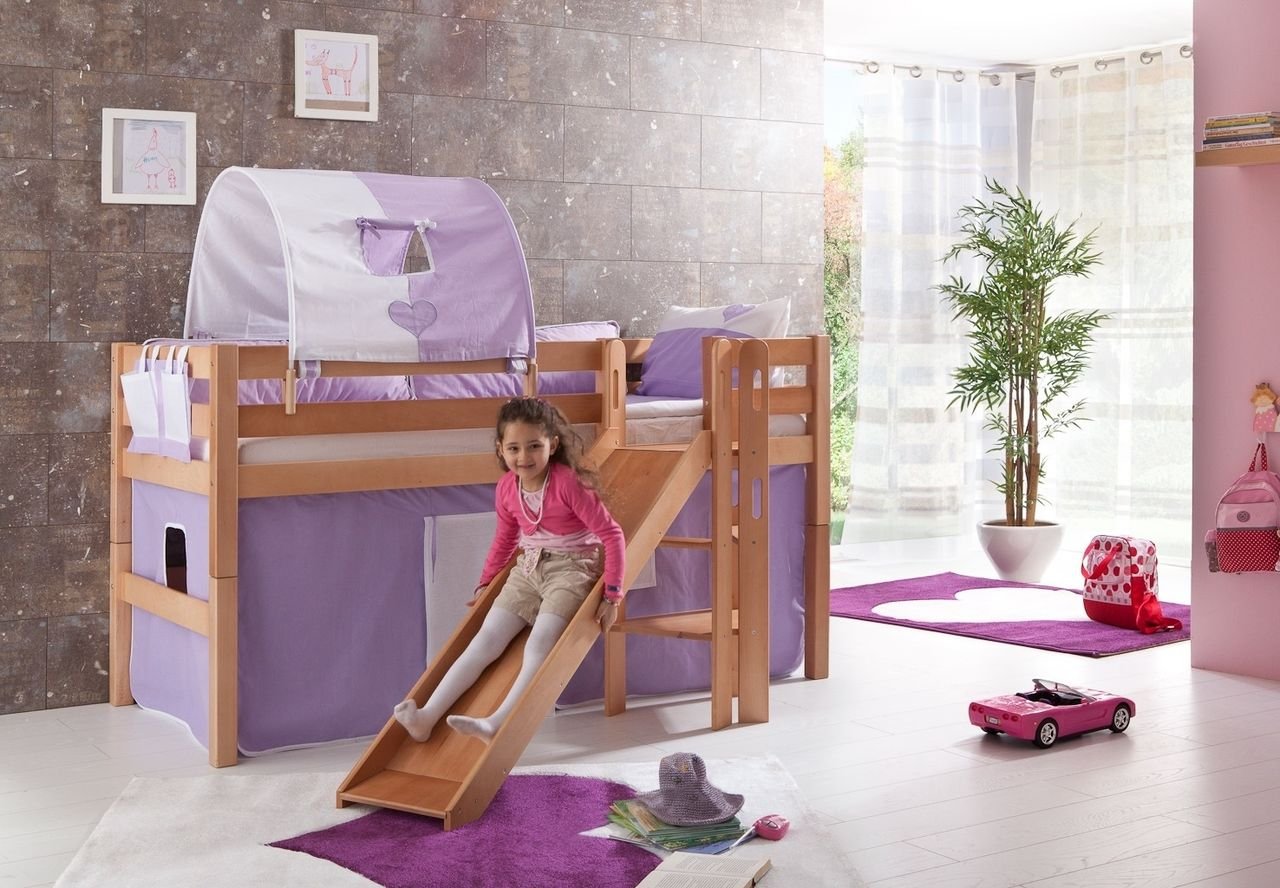Spielbett Eliyas mit Rutsche, Buche massiv natur lackiert, inkl. Textilset (Vorhang) weiß/lila