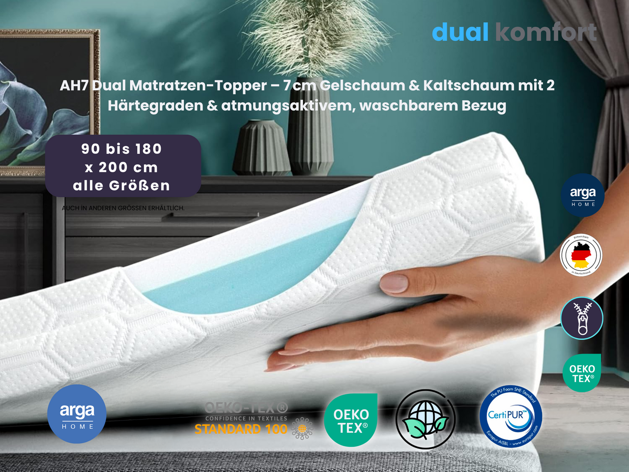 AH7 Dual Matratzen-Topper – 7 cm Gelschaum & Kaltschaum mit 2 Härtegraden