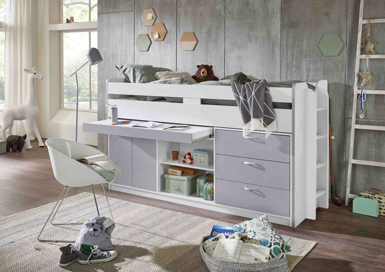 Hochbett Ponny LF 90x200 cm, mit Regal, Schubladenelement und Schreibtisch