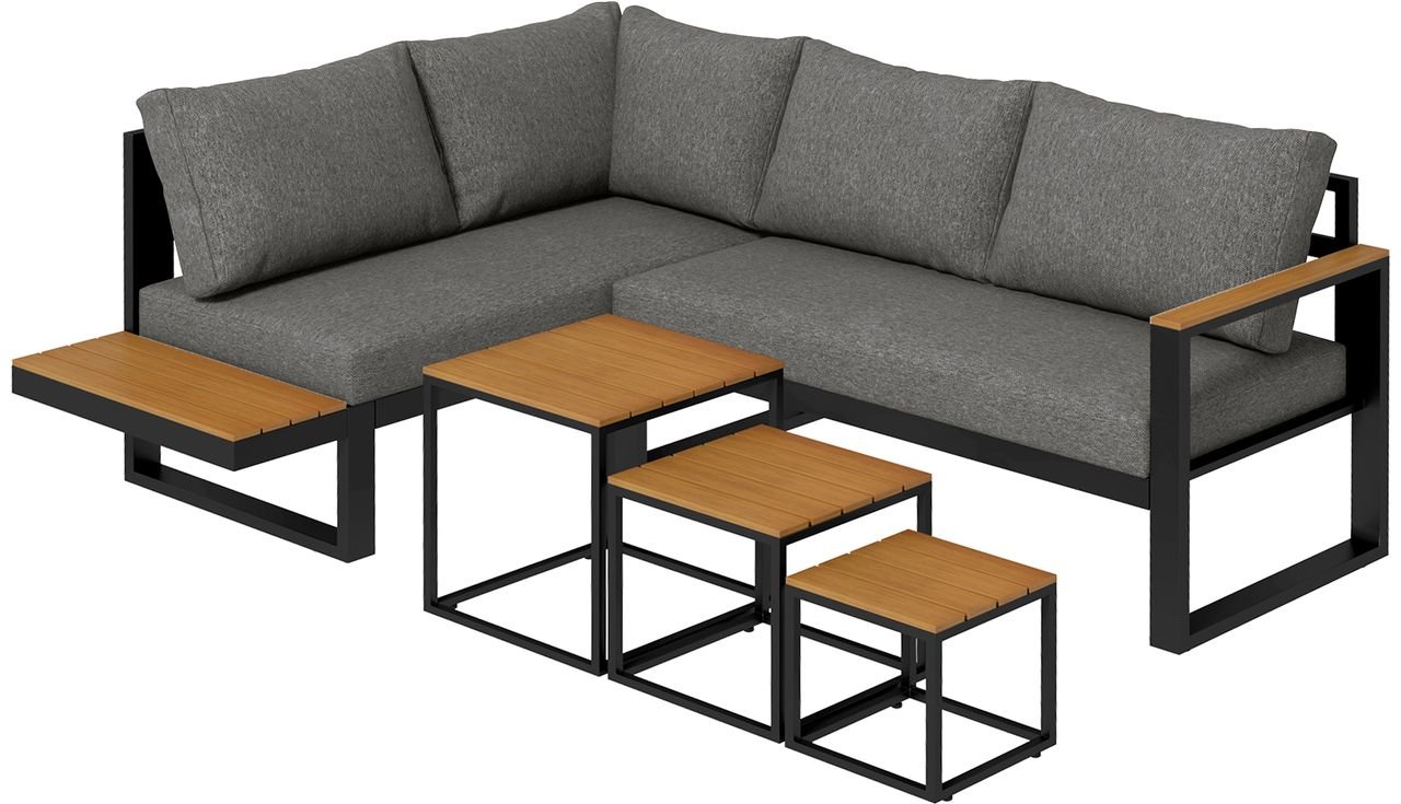 5-tlg. Gartenmöbel-Set, Gartengarnitur mit Ecksofa, Doppelsofa, Couchtisch Grau