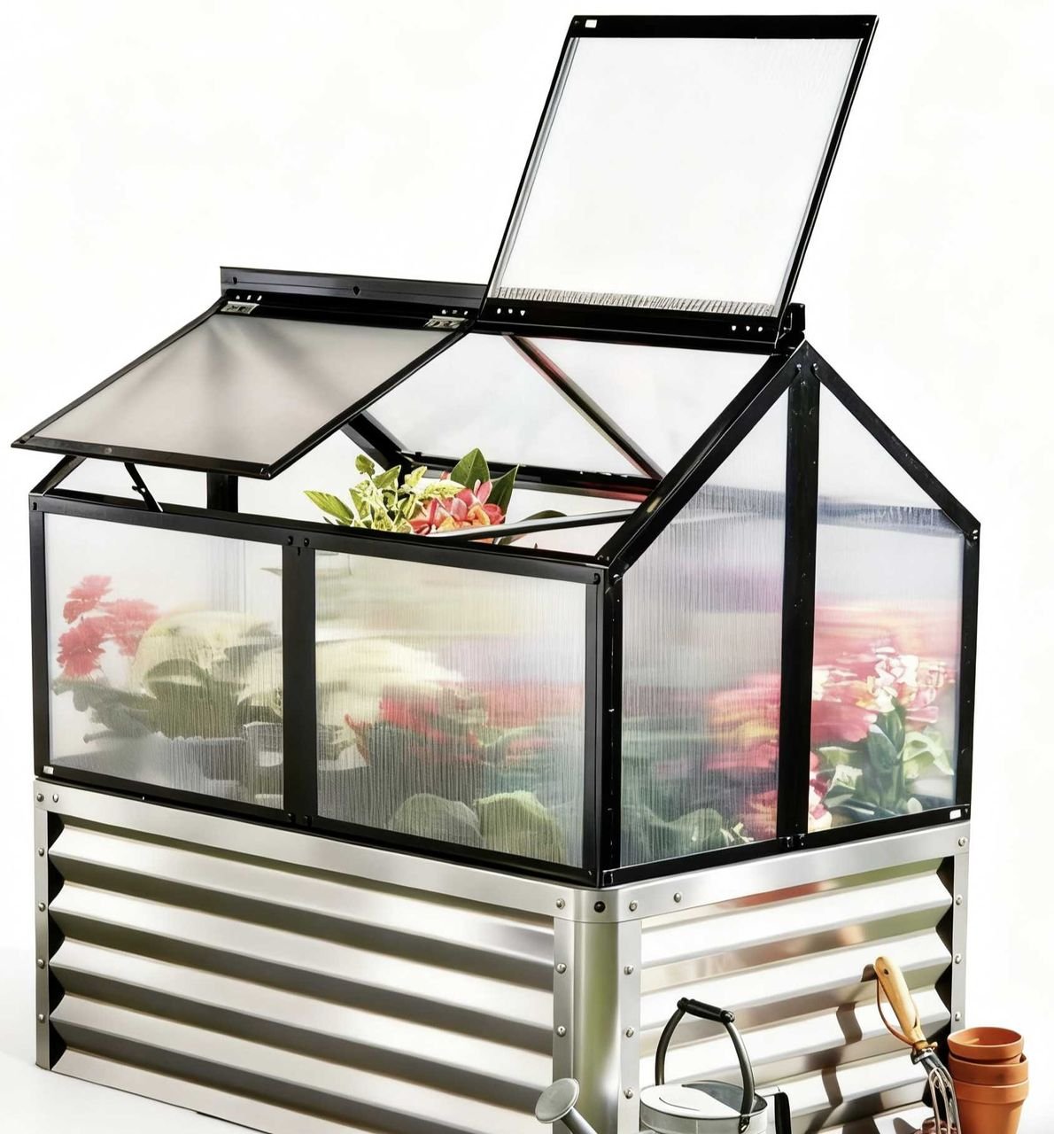 Garten-Hochbeet mit Dach-/ Frühbeet ca. 80 x 120 x 44 cm Silber