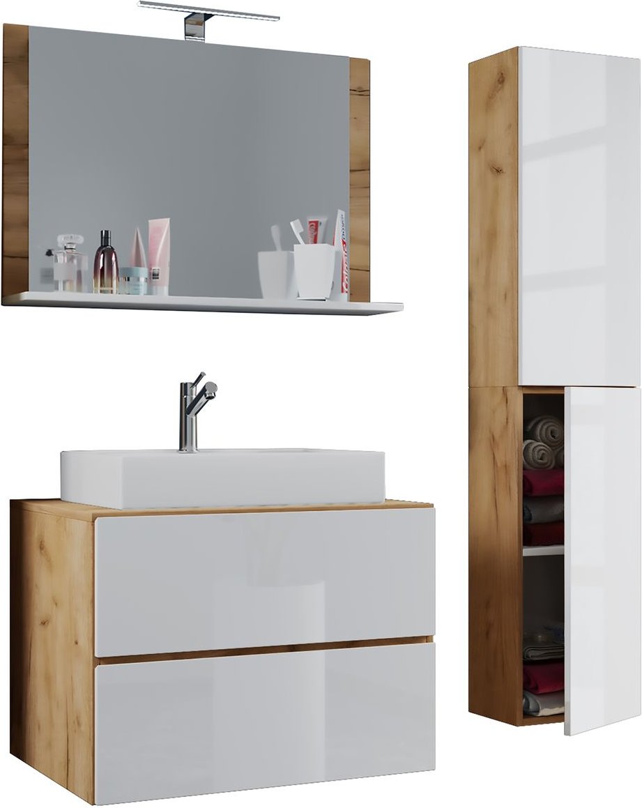 Badblock Lendas L 60cm Unterschrank + Spiegel + 1 Seitenschrank Honig-Eiche/Weiß
