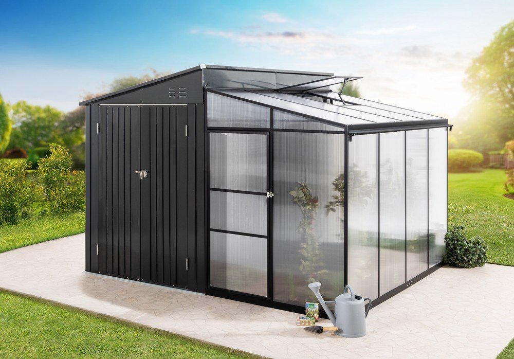 2 in 1 Metallschuppen mit Gewächshaus mit durchsichtigem PC, ca. 163 x 272 x 213 cm