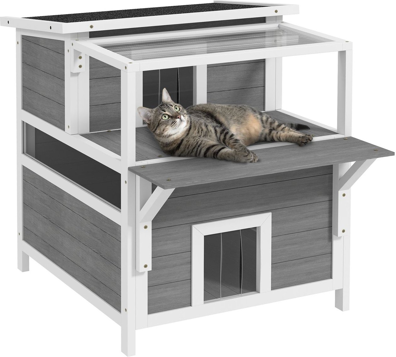 Katzenhöhle, Katzenhütte aus Tannenholz, Katzenhaus mit Balkon, Eingängen