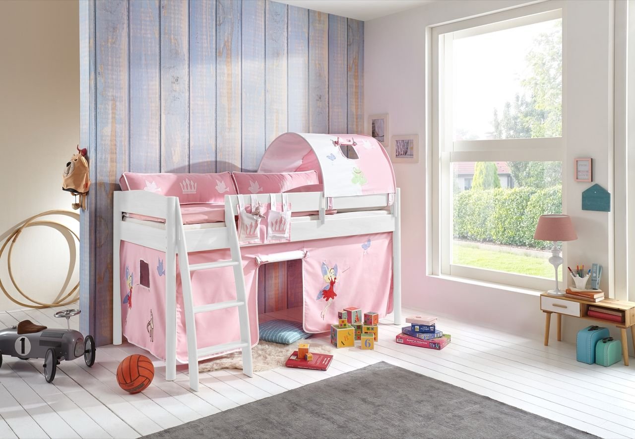 Halbhohes Bett MICHELLE 90x200 cm, Buche massiv weiß, inkl. Textilset (Vorhang, Tunnel) Princess