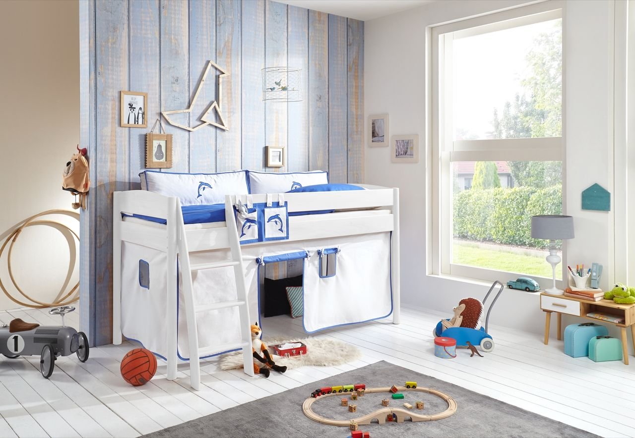 Halbhohes Bett MICHELLE 90x200 cm Buche massiv weiß lackiert, mit Textilset weiß/delfin