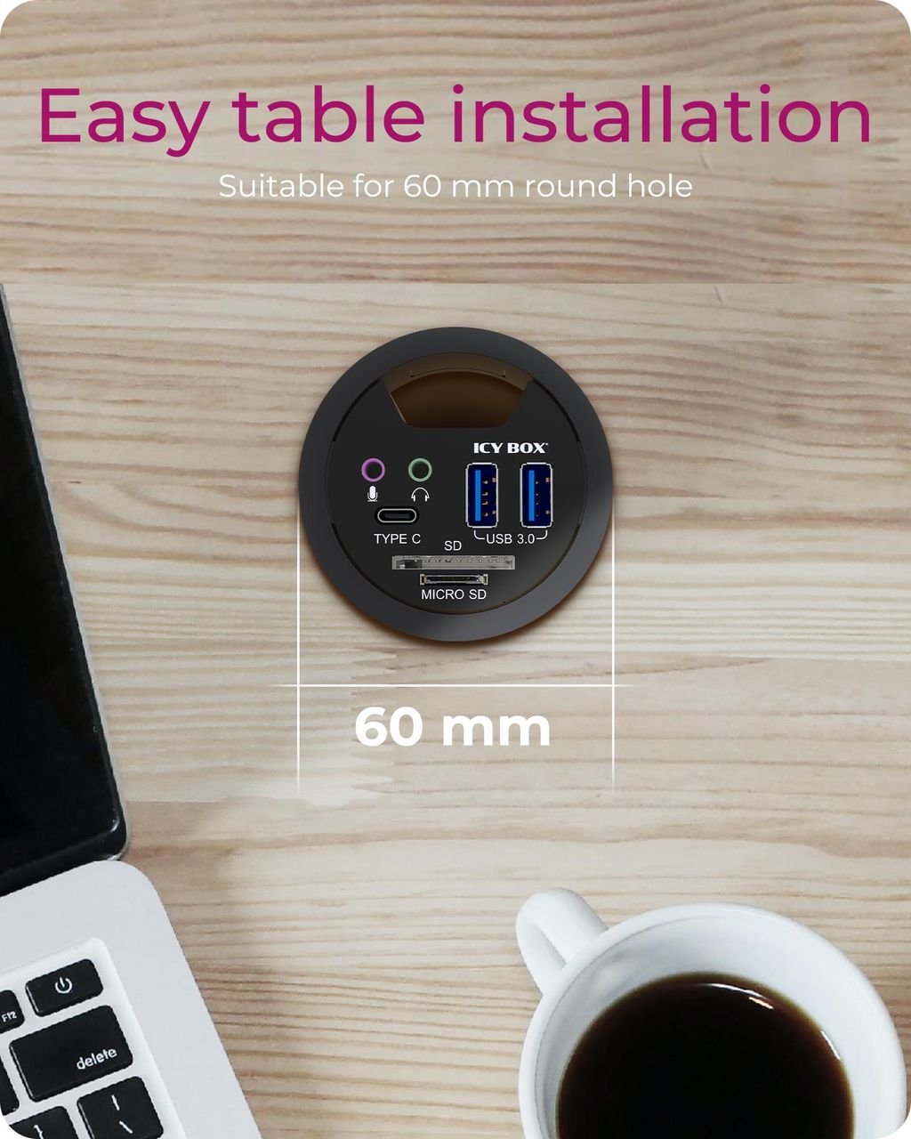 IB-HUB1404A, Tisch-Hub, 2x Type-A, 1x Type-C, 1x Audio Ein-/Ausgang, 1x SD/MicroSD Slot