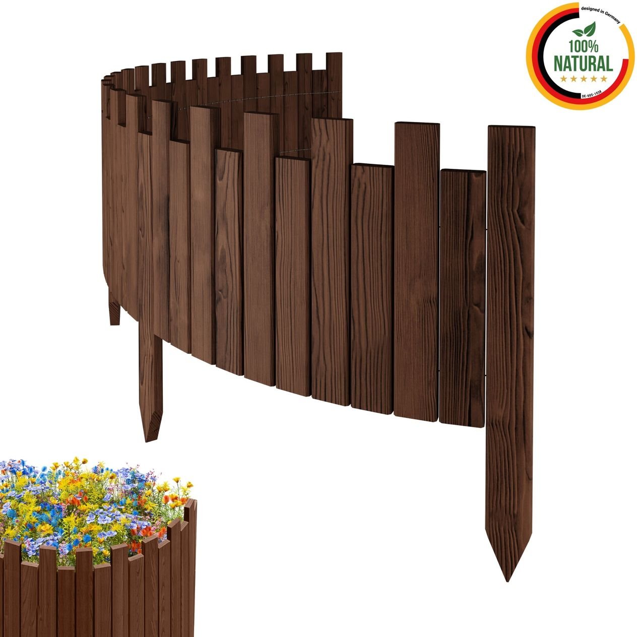 Beeteinfassung 200 x 30 cm Braun Holz Rollzaun Holzzaun Rasenkante Palisade Beetumrandung