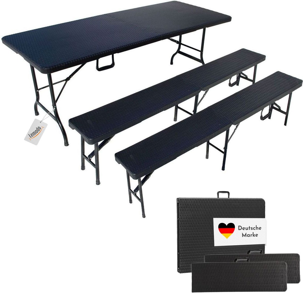 Bierzeltgarnitur Set mit 2x Bierbank und 1x Buffettisch in Rattan Optik